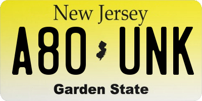 NJ license plate A80UNK