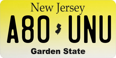NJ license plate A80UNU