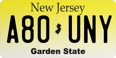 NJ license plate A80UNY