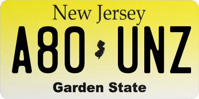 NJ license plate A80UNZ