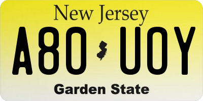 NJ license plate A80UOY