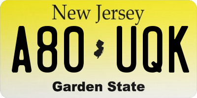 NJ license plate A80UQK