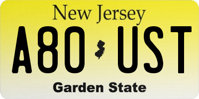 NJ license plate A80UST