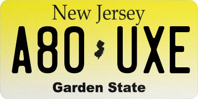 NJ license plate A80UXE