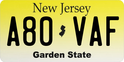 NJ license plate A80VAF