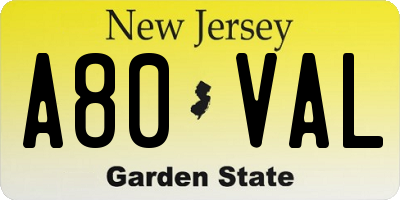 NJ license plate A80VAL