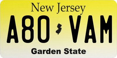 NJ license plate A80VAM