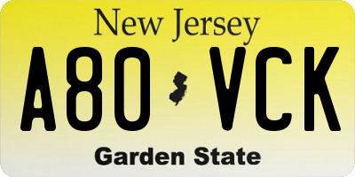 NJ license plate A80VCK