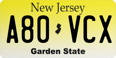 NJ license plate A80VCX