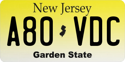 NJ license plate A80VDC