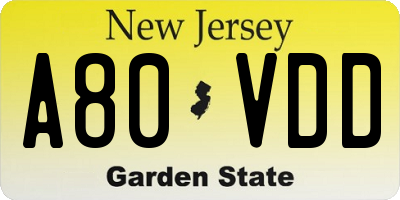 NJ license plate A80VDD