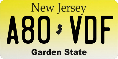 NJ license plate A80VDF