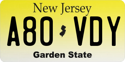 NJ license plate A80VDY
