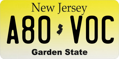NJ license plate A80VOC