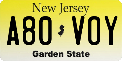 NJ license plate A80VOY