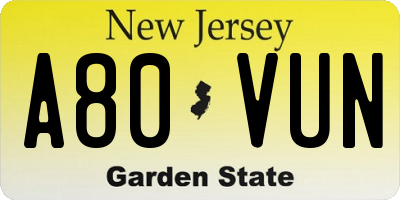 NJ license plate A80VUN