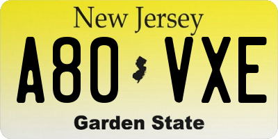 NJ license plate A80VXE