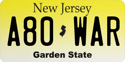 NJ license plate A80WAR