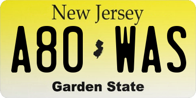 NJ license plate A80WAS