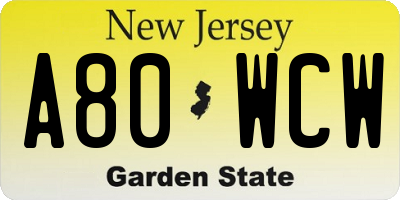 NJ license plate A80WCW