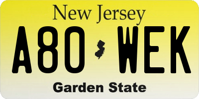 NJ license plate A80WEK
