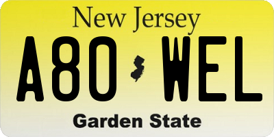 NJ license plate A80WEL