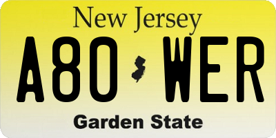 NJ license plate A80WER