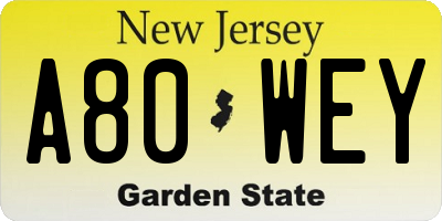 NJ license plate A80WEY