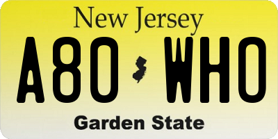 NJ license plate A80WHO