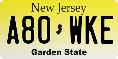 NJ license plate A80WKE