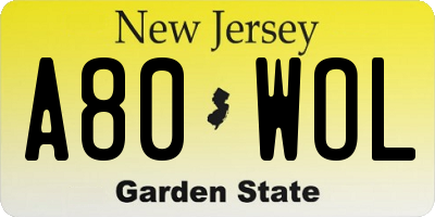 NJ license plate A80WOL