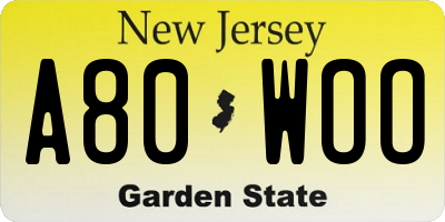NJ license plate A80WOO