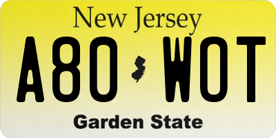 NJ license plate A80WOT