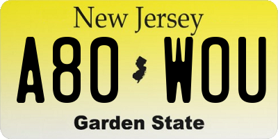 NJ license plate A80WOU