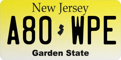 NJ license plate A80WPE