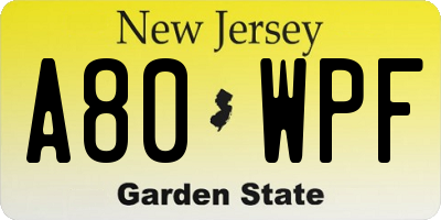 NJ license plate A80WPF