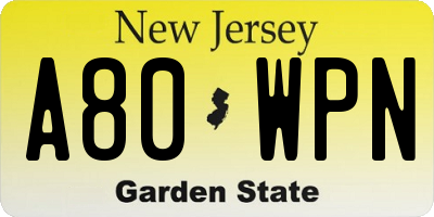 NJ license plate A80WPN