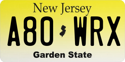 NJ license plate A80WRX