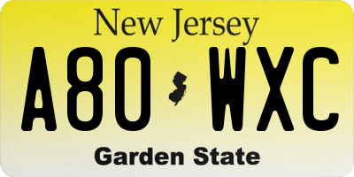 NJ license plate A80WXC