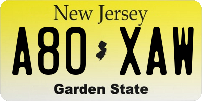 NJ license plate A80XAW