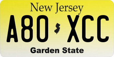 NJ license plate A80XCC