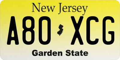 NJ license plate A80XCG