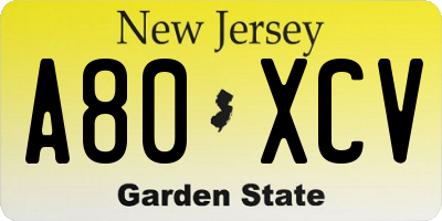 NJ license plate A80XCV