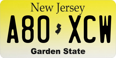 NJ license plate A80XCW