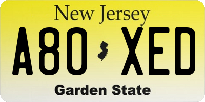 NJ license plate A80XED