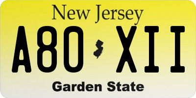 NJ license plate A80XII