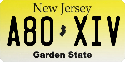 NJ license plate A80XIV