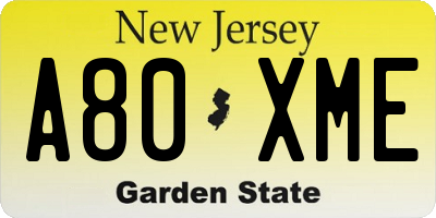 NJ license plate A80XME