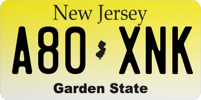 NJ license plate A80XNK