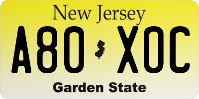 NJ license plate A80XOC